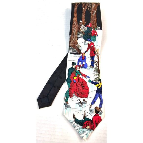 Vintage Addiction Ice Skating Scene Neck Tie With Black Accents Korea - Picture 1 of 9